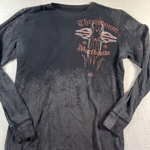 Y2K Throwdown Shirt Men XL Black Angel Wing Cross Affliction Long Sleeve Thermal
